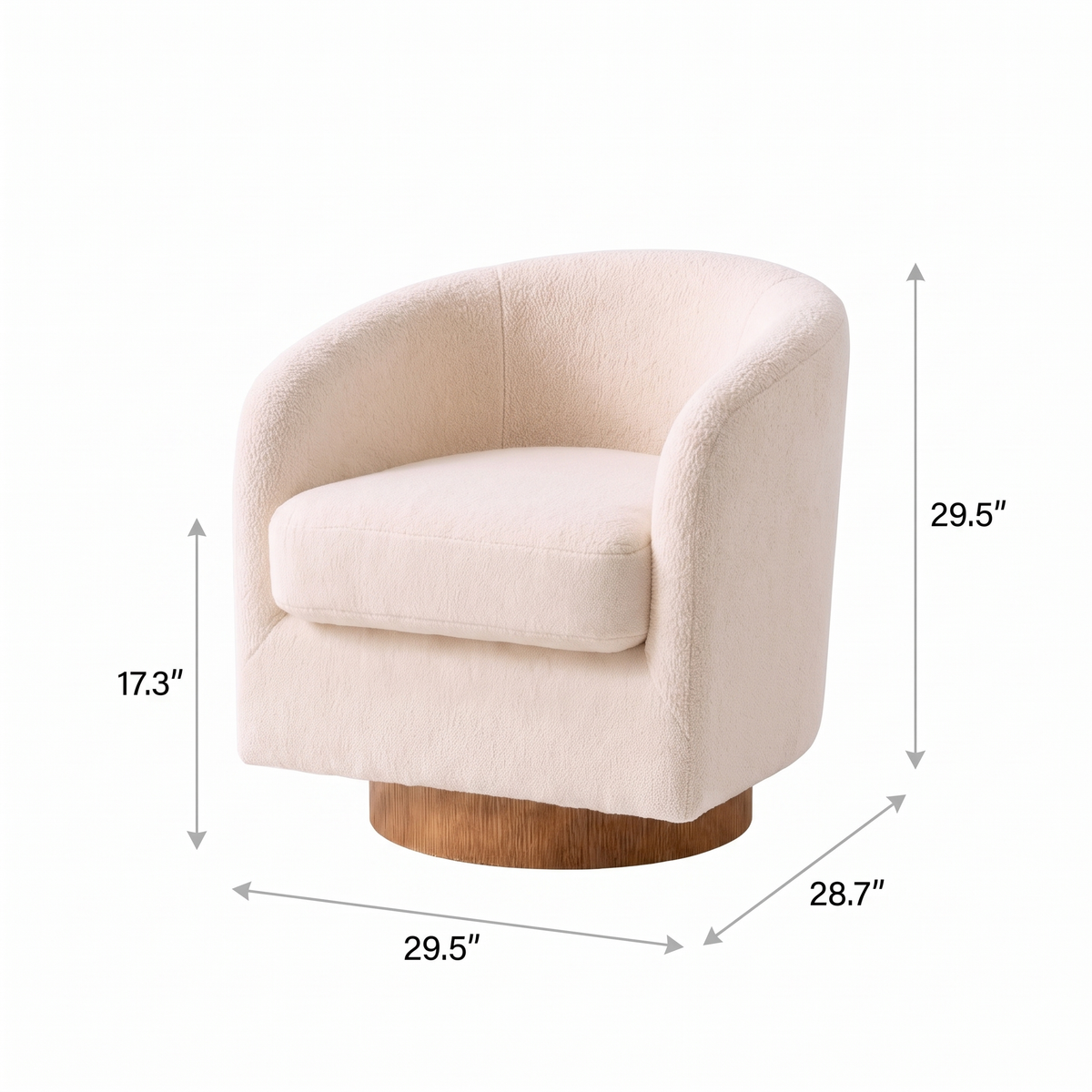 Cove chair dimension diagram, 29.5 inches wide, 28.7 inches deep, 29.5 inches high, 17.3 inch seat height