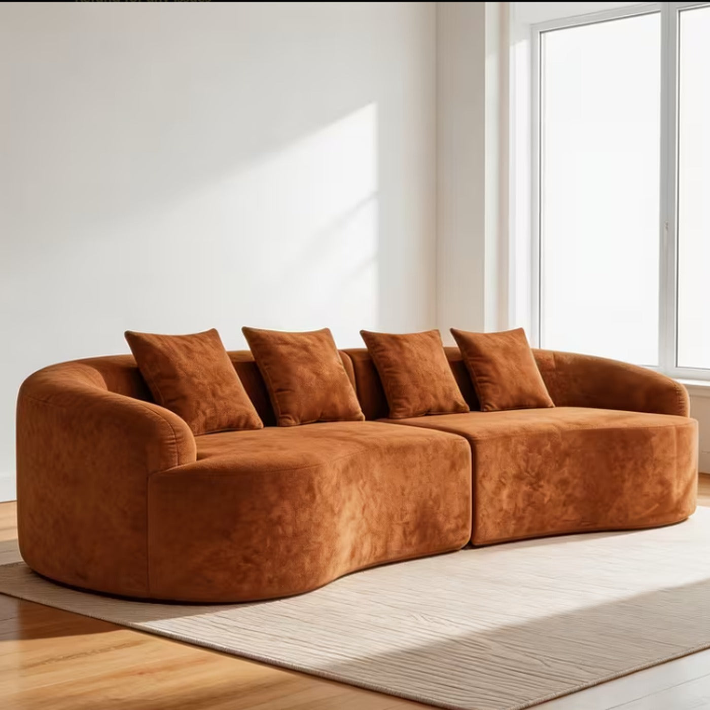 Calla rust chenille four seater curved cloud sofa with four matching cushions in a sunlit room