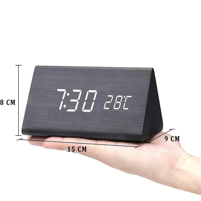 Wooden LED Alarm Clock - Voice Control, Temperature, Bedside Clock