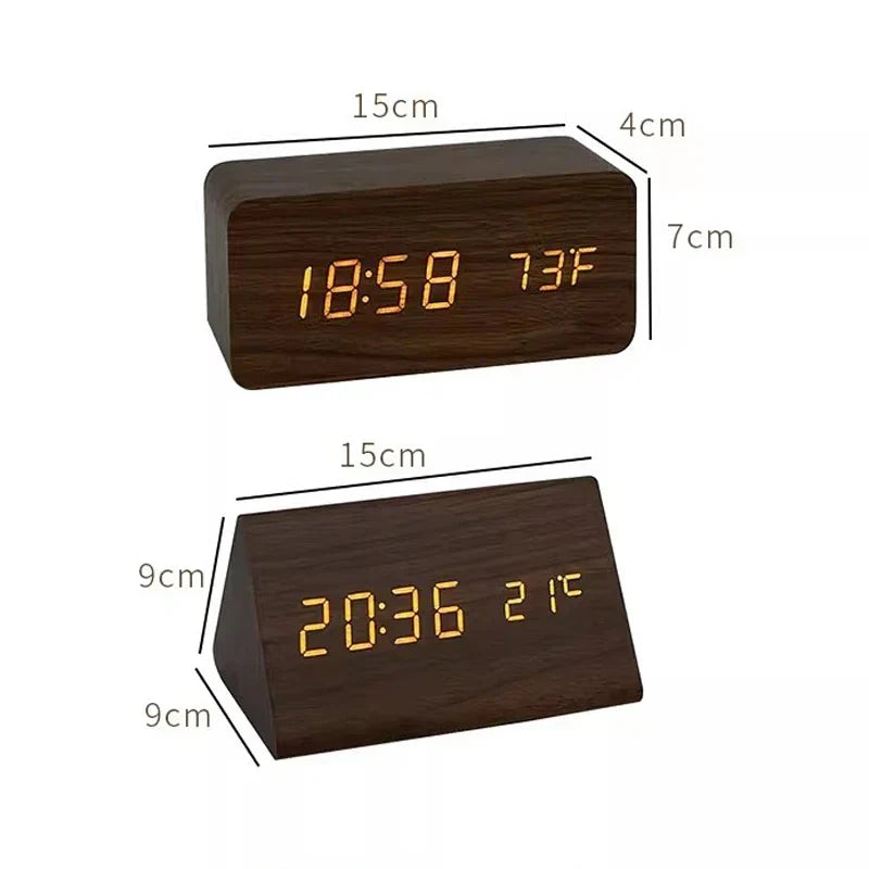 Wooden LED Alarm Clock - Voice Control, Temperature, Bedside Clock