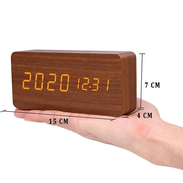 Wooden LED Alarm Clock - Voice Control, Temperature, Bedside Clock