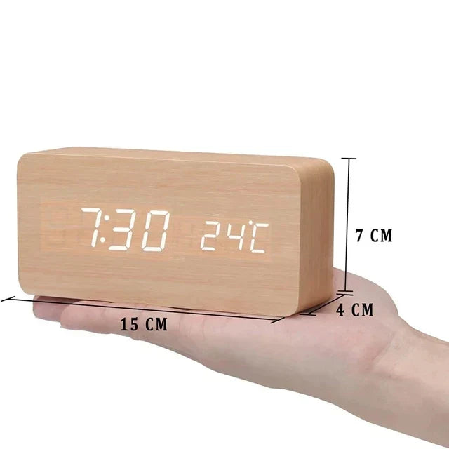Wooden LED Alarm Clock - Voice Control, Temperature, Bedside Clock