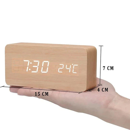 Wooden LED Alarm Clock - Voice Control, Temperature, Bedside Clock