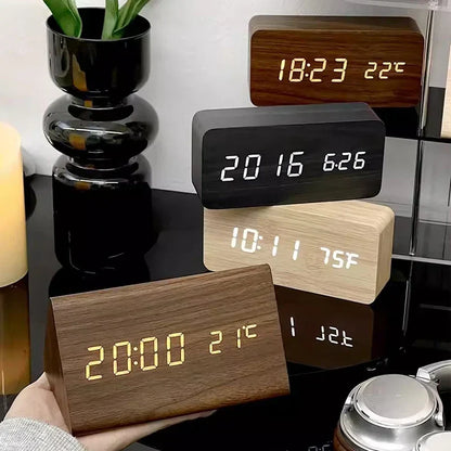 Wooden LED Alarm Clock - Voice Control, Temperature, Bedside Clock