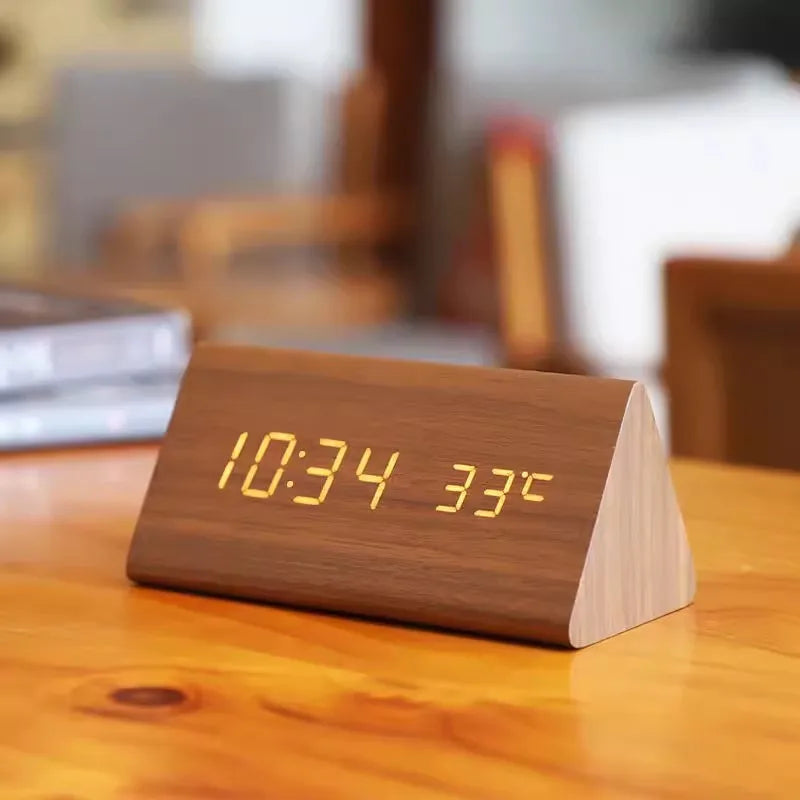 Wooden LED Alarm Clock - Voice Control, Temperature, Bedside Clock