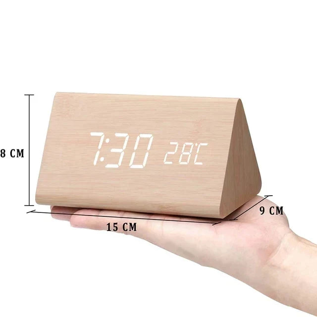 Wooden LED Alarm Clock - Voice Control, Temperature, Bedside Clock