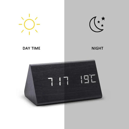 Wooden LED Alarm Clock - Voice Control, Temperature, Bedside Clock