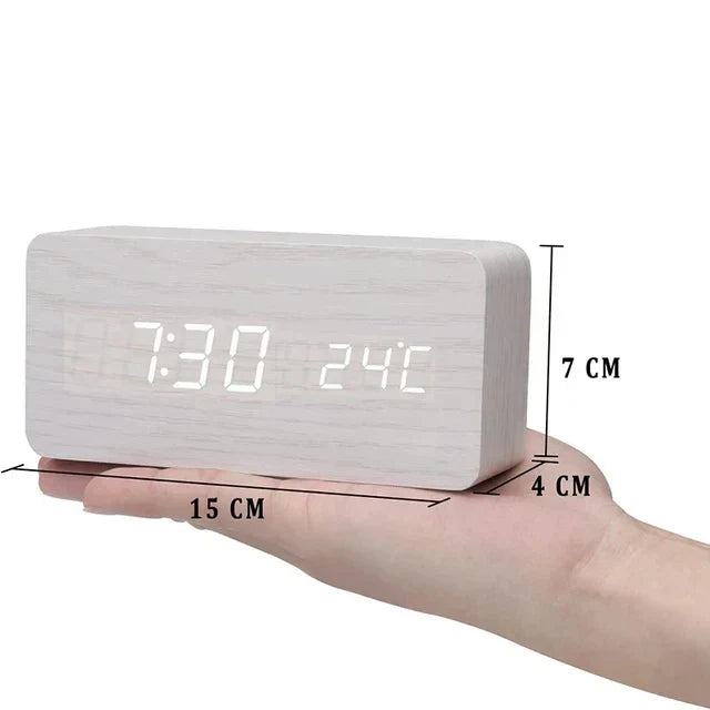 Wooden LED Alarm Clock - Voice Control, Temperature, Bedside Clock
