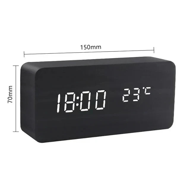 Wooden LED Alarm Clock - Voice Control, Temperature, Bedside Clock