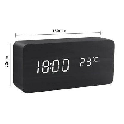 Wooden LED Alarm Clock - Voice Control, Temperature, Bedside Clock