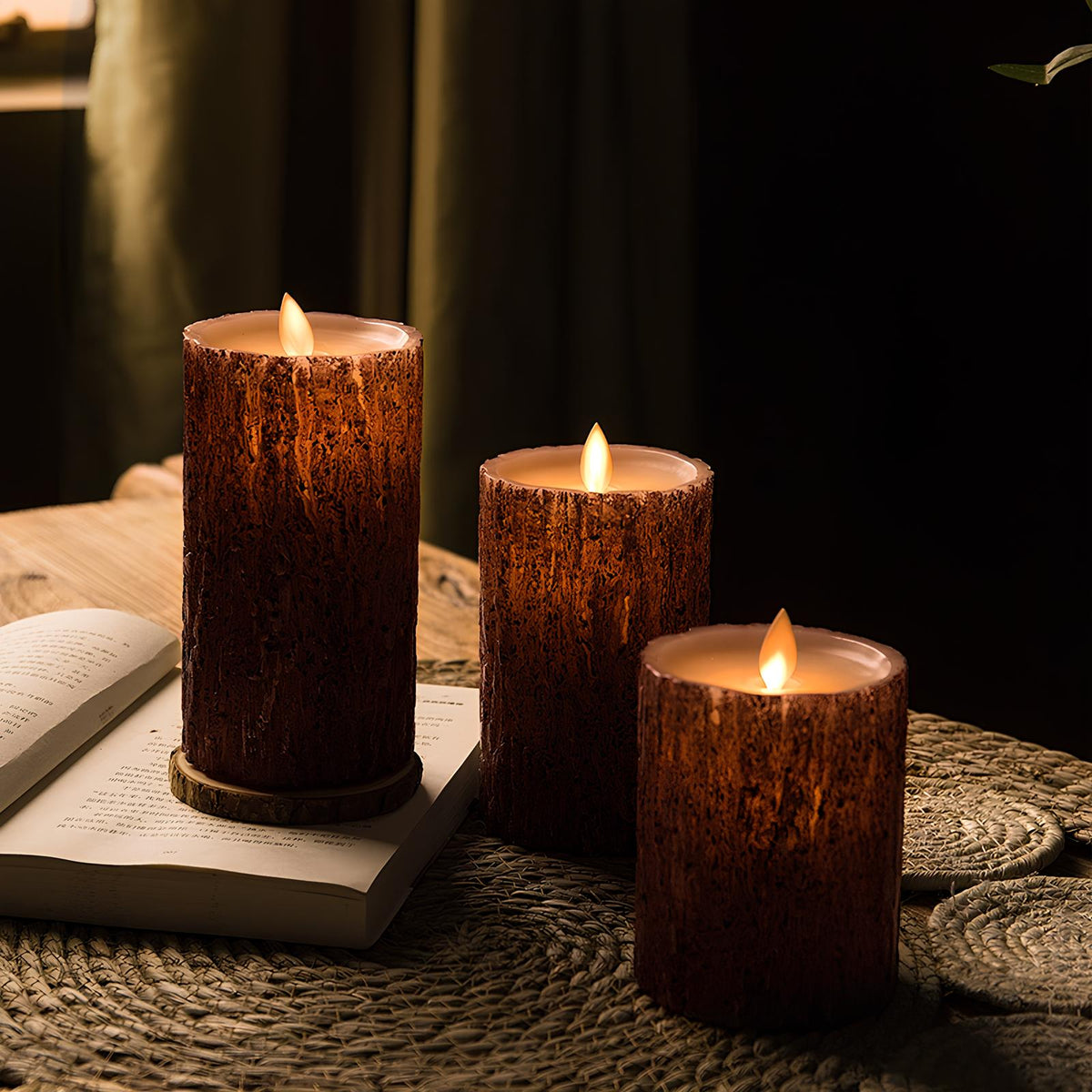 Wynn flameless LED candles with wood grain finish, set of 3