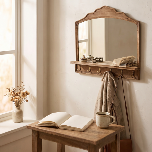 Mirror with hooks and shelf styled in an entryway