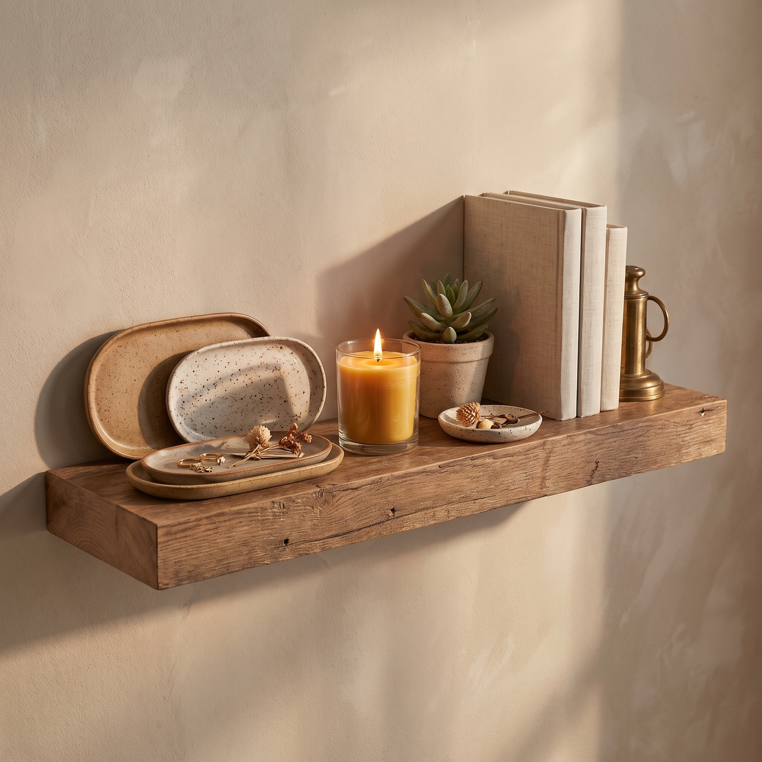 Shelf styled with candles and ceramics