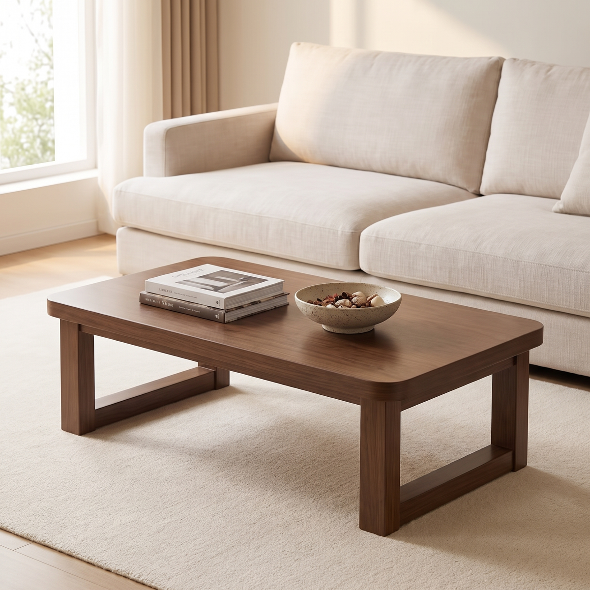 Aveline table in front of a pale linen sofa