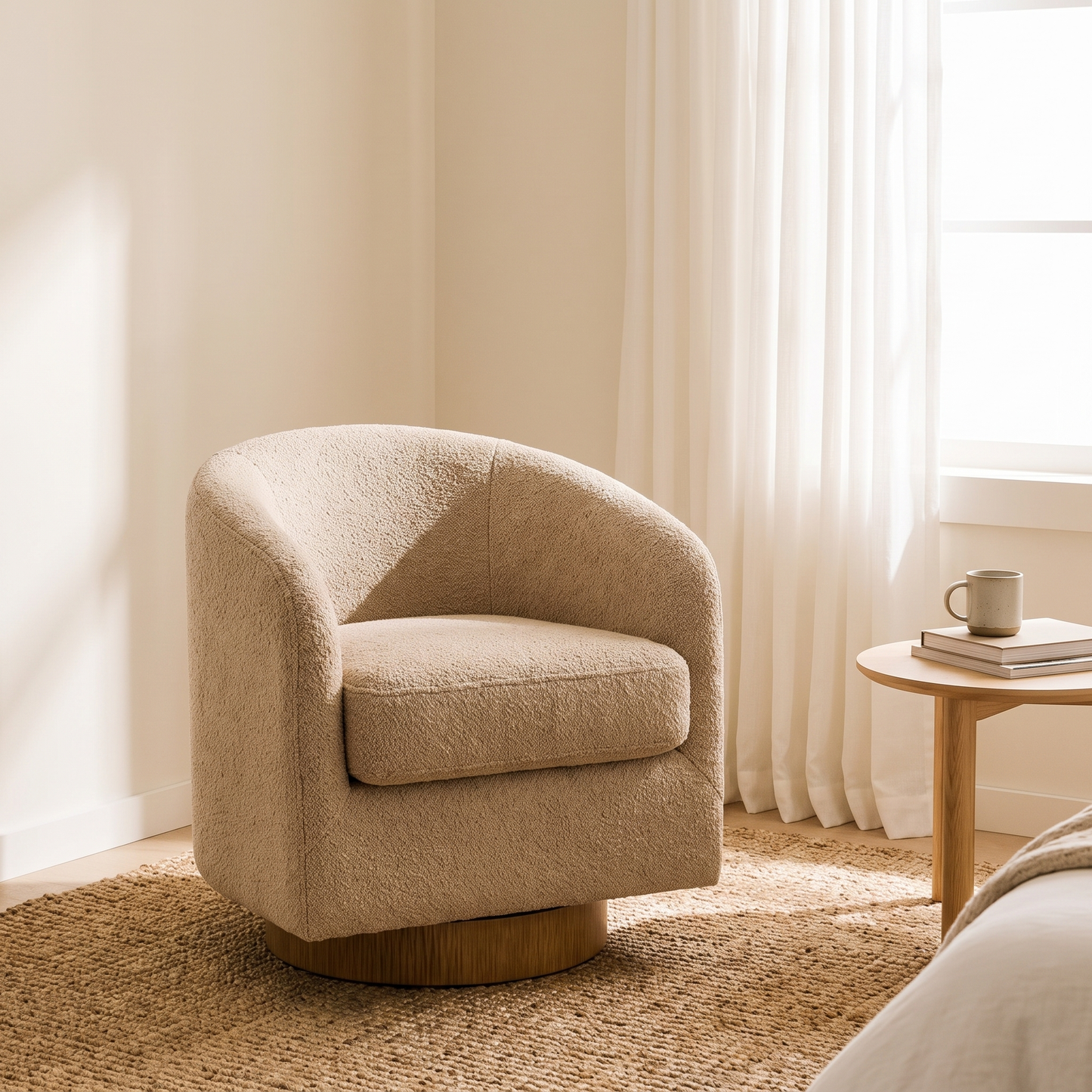 Cove chair alone in a bright bedroom corner