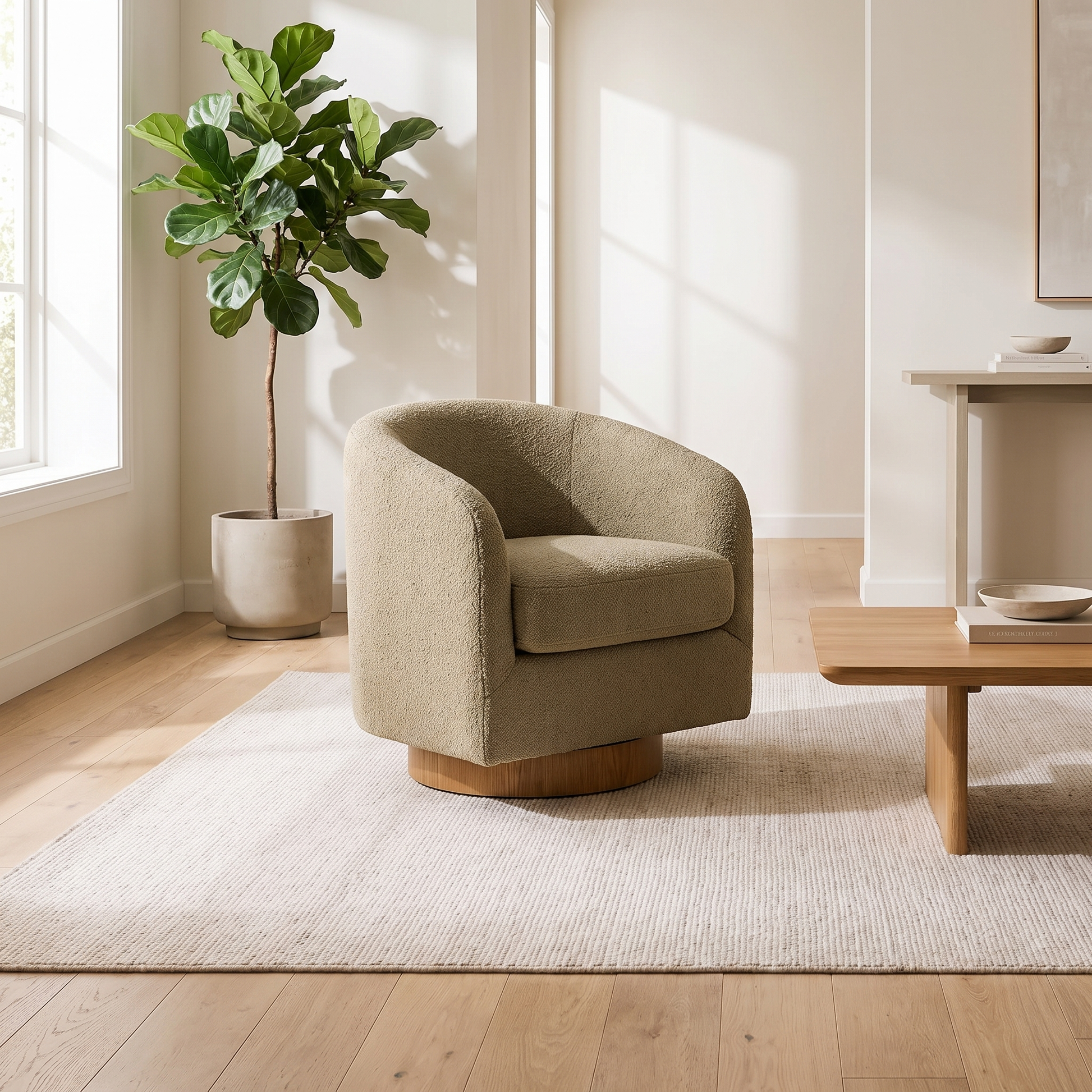 Cove chair angled toward a low table in a calm living room