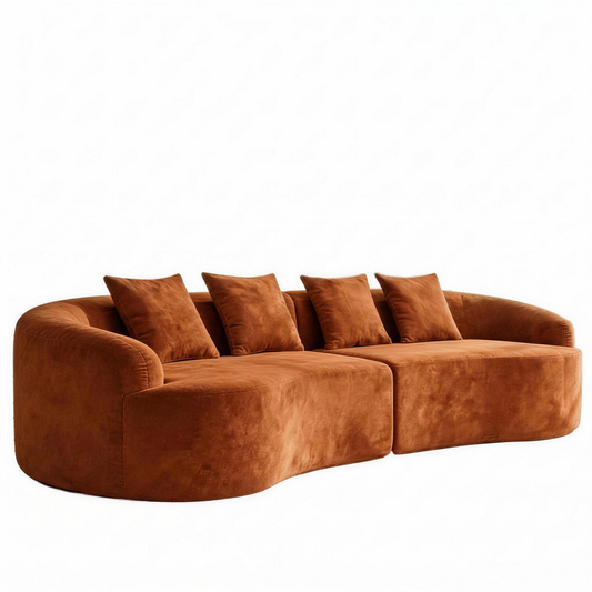 Calla rust chenille curved four seater sofa on a white background