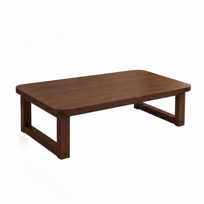 Aveline walnut rounded corner low coffee table on a white background