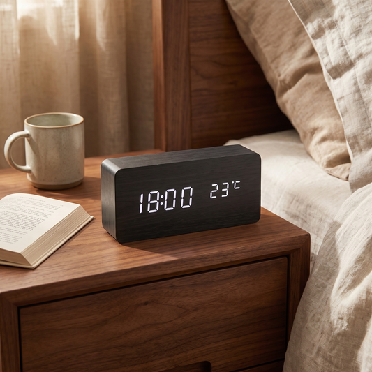 Wooden LED Alarm Clock on a bedside table