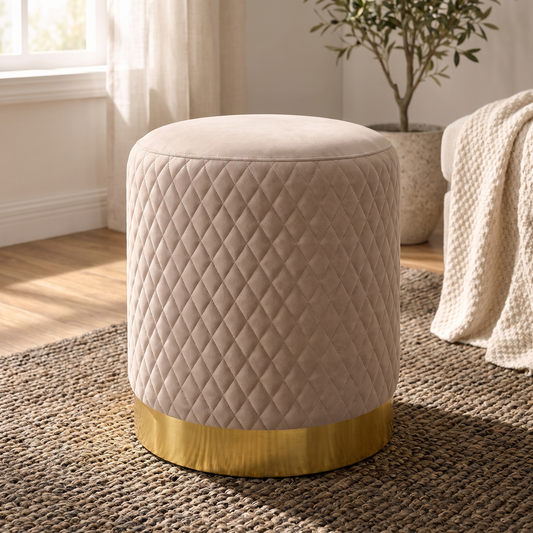 Alexandria Quilted Beige Velvet Pouffe
