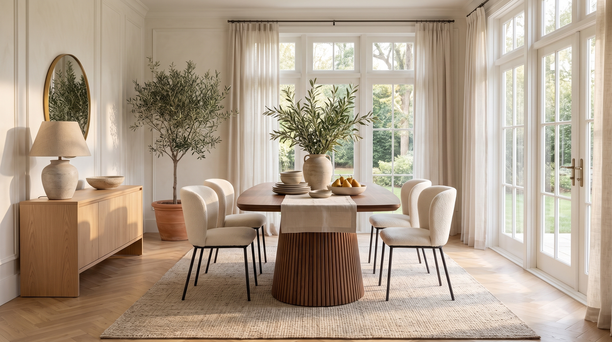 Sunlit dining room with a fluted walnut dining table, cream boucle dining chairs and a round brass mirror
