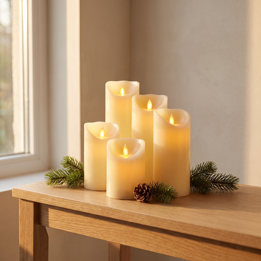 Wynn flameless LED block candles glowing on an oak console with pine sprigs