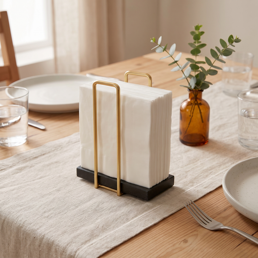 Astor gold trim napkin holder on a dining table set for dinner