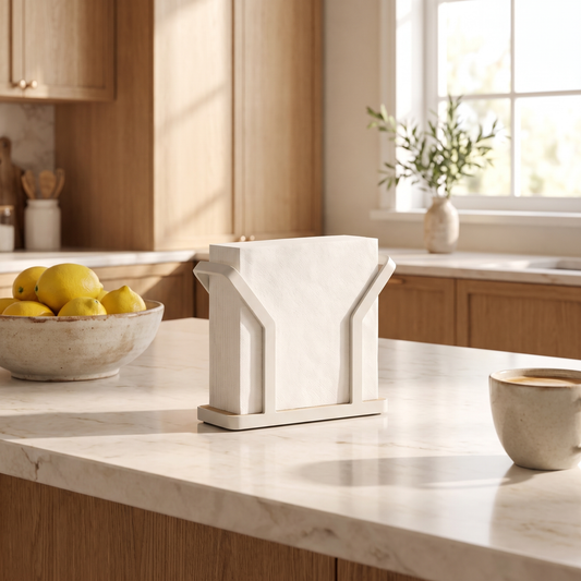 Bianca white upright napkin holder on a kitchen island