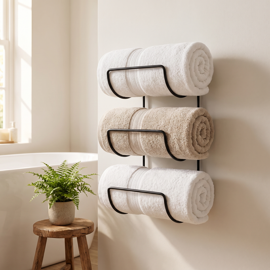 Harper wall mounted towel and wine rack holding rolled white towels in a bathroom