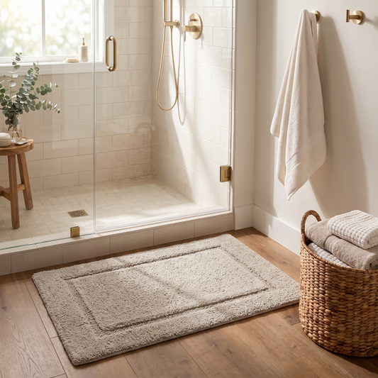 Ada tufted cotton bath mat outside a glass shower in a bright bathroom