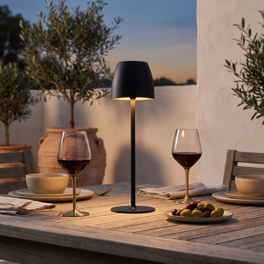 Luna cordless dome table lamp, black rechargeable LED lamp on an outdoor dining table