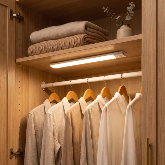 Nook motion sensor closet light, magnetic LED bar lighting a wardrobe shelf