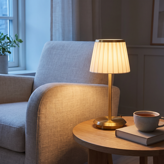 Blythe cordless pleated table lamp with gold base on a side table by an armchair