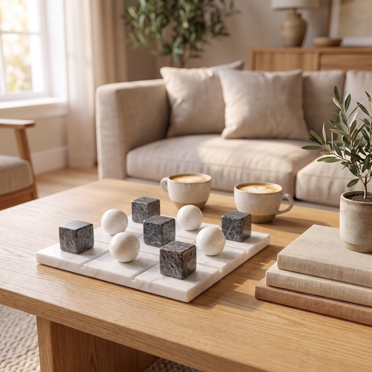Black and white marble tic tac toe board game on a coffee table in a cozy living room