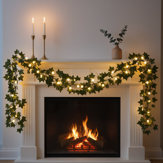 Laurel botanical LED garland with warm fairy lights draped over a white fireplace mantel