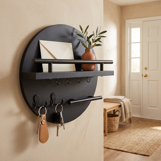 Round Wooden Key Holder in Black mounted on an entryway wall with keys on the hooks
