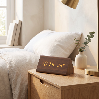 Wooden LED Alarm Clock, Brown Triangle, on a light oak nightstand