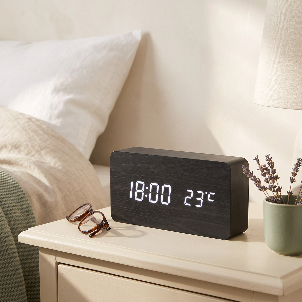 Wooden LED Alarm Clock, Black Block, on a cream nightstand