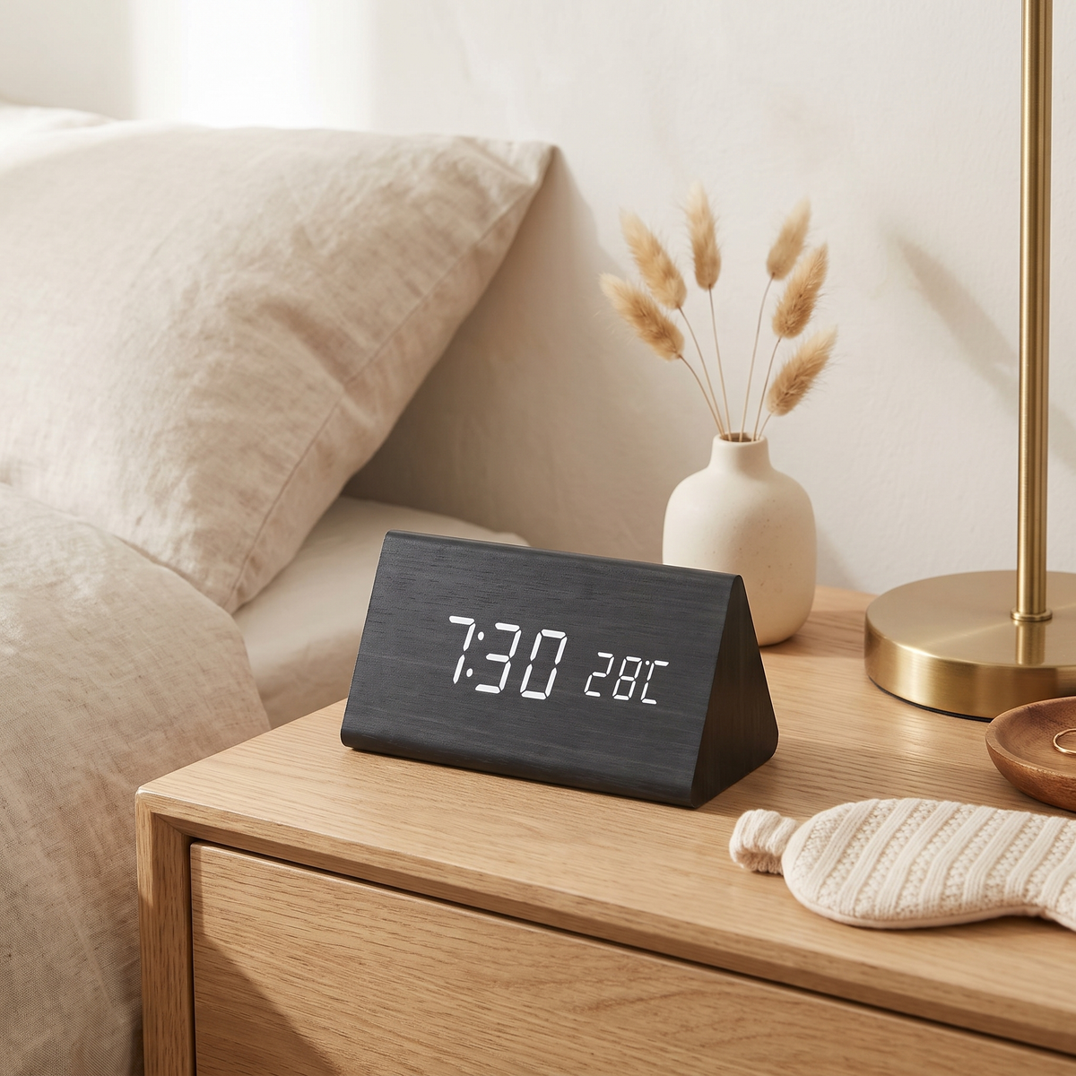 Wooden LED Alarm Clock, Black Triangle, on a light oak nightstand