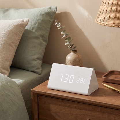 Wooden LED Alarm Clock, White Triangle, on a walnut nightstand