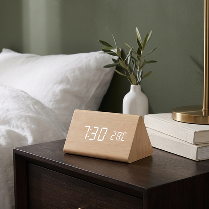 Wooden LED Alarm Clock, Wood Triangle, on an espresso nightstand