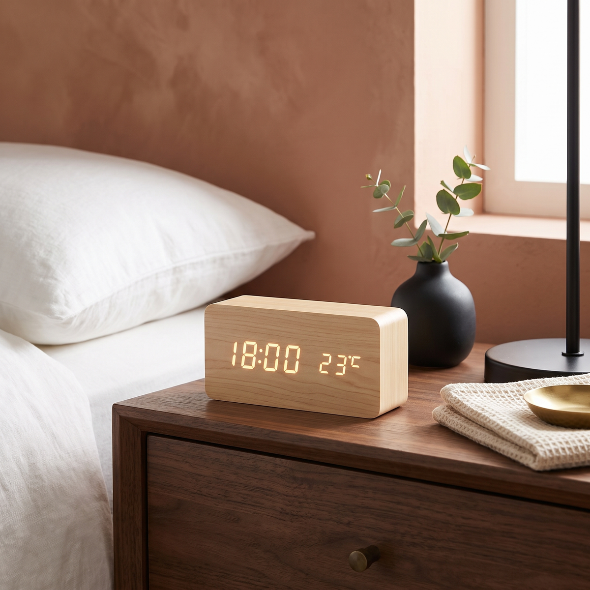 Wooden LED Alarm Clock, Wood Block, on a walnut nightstand