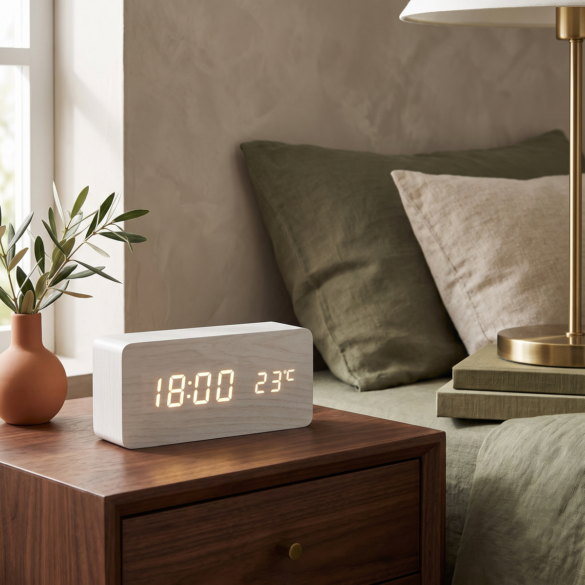 Wooden LED Alarm Clock, White Block, on a walnut nightstand