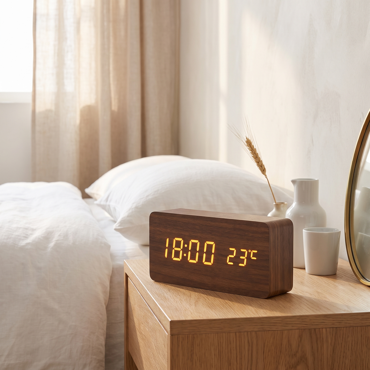 Wooden LED Alarm Clock, Brown Block, on a light oak nightstand