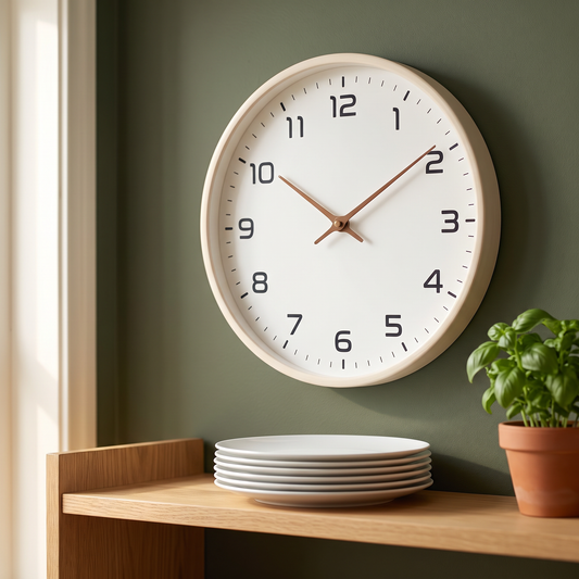 Finn Wood Frame Silent Wall Clock in Cream above a kitchen shelf
