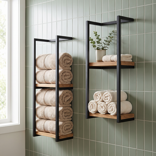 Two Hugo Two Tier Wall Towel Racks with oatmeal and cream towels on a sage tiled bathroom wall