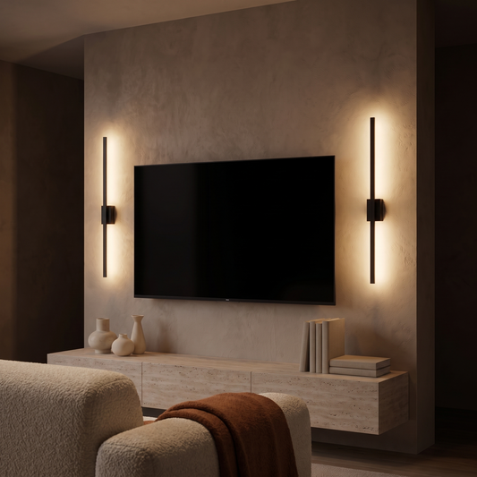 Pair of Lyle black vertical LED wall sconces glowing beside a TV on a plaster media wall
