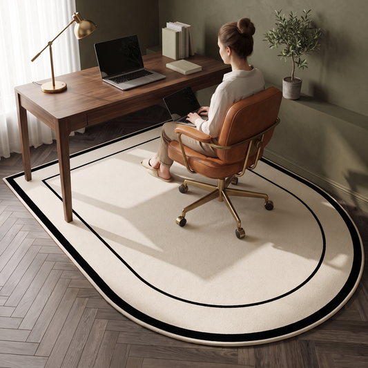 Talia semi round office chair mat in black border design under a walnut desk