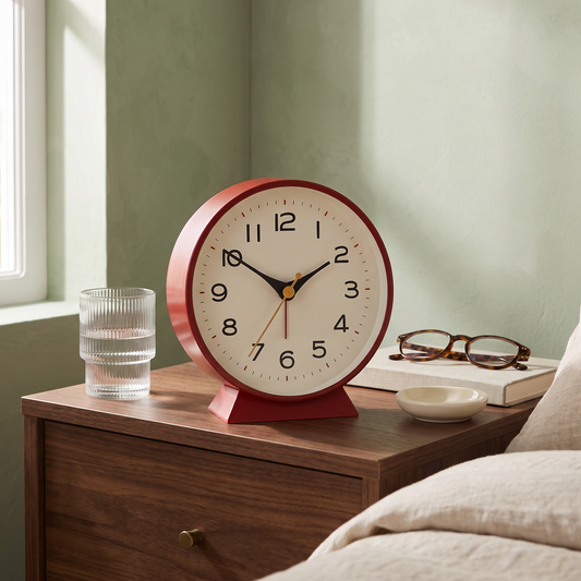 Pippa silent analog alarm clock in red, non ticking bedside clock on a walnut nightstand