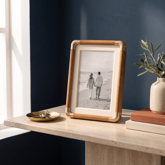 Wells solid teak wood photo frame with brass corners on a travertine entryway console
